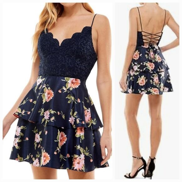 Macy's NWT Woman's Navy Floral Lace Up Formal Corset Prom Dress Homecoming Party - Picture 2 of 14